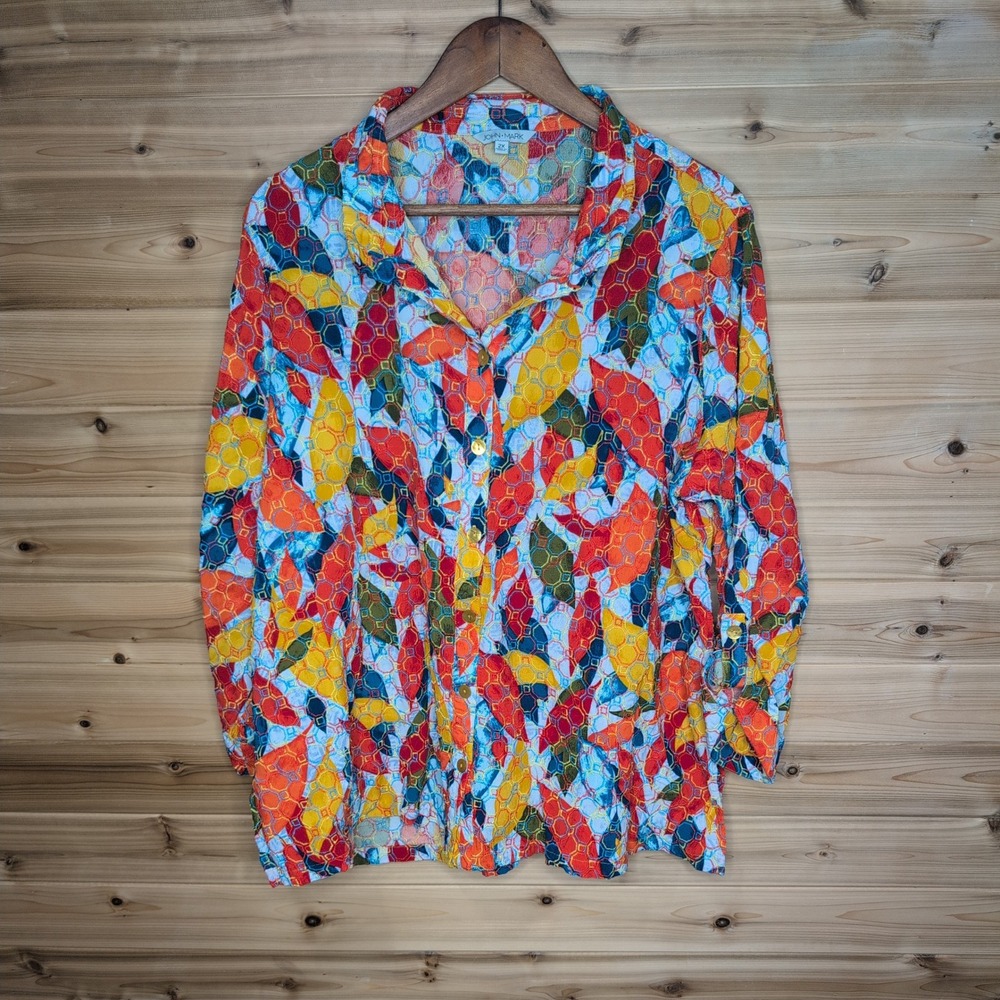 John Mark Womens 2X Embroidered Abstract Print Roll Tab Sleeve Button Up Blouse